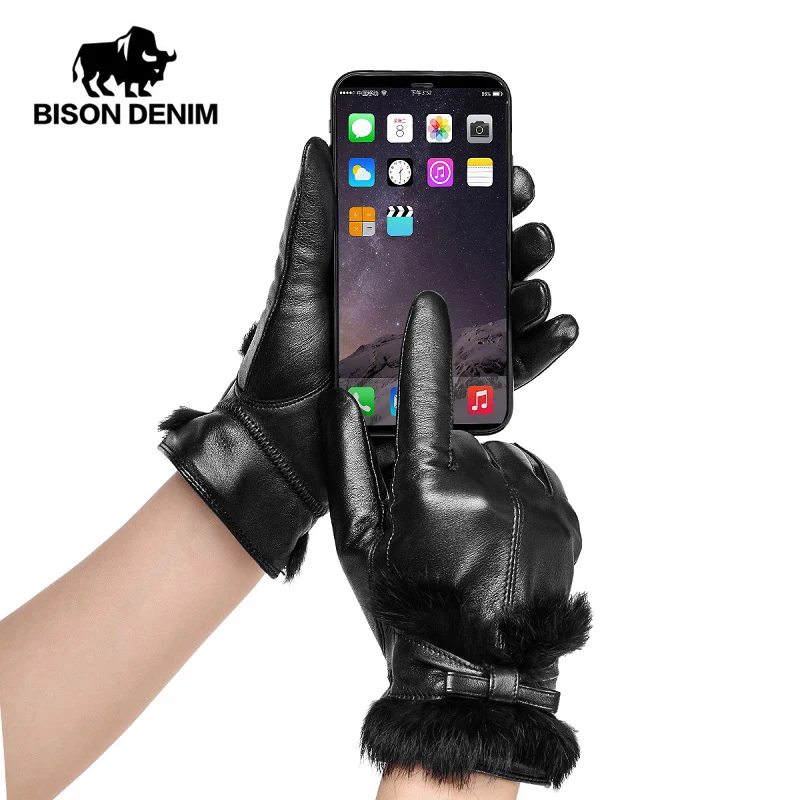 Женские перчатки из натуральной овечьей кожи BISON DENIM теплые ветрозащитные с