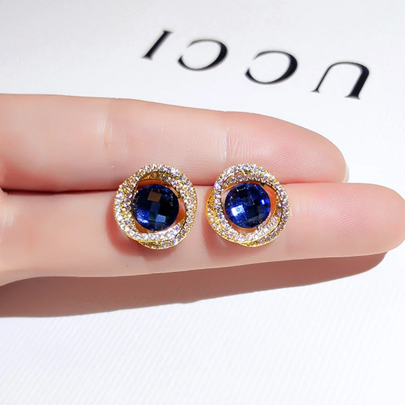 

Trendy 14K Real Gold Sapphire Geometry Earrings for Women Accessories Korean Fashion Jewelry S925 Silver Needle Shiny Zircon Hot
