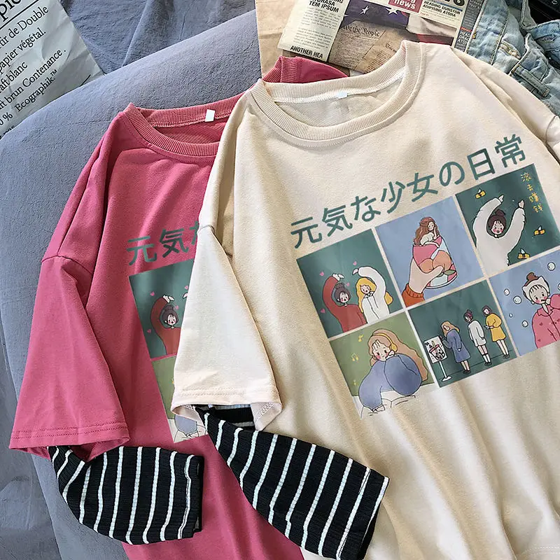 

QWEEK Kawaii Striped Graphic Tees Patchwork T-Shirt Oversized Streetwear Woman Japan Cartoon Print Long Sleeve Cute Tops Casual