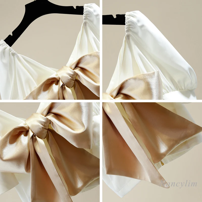 Vintage Manches Courtes Bouffantes Chemisiers Femmes Design De Mode À Lacets Tridimensionnel Grand Noeud Fermeture Éclair Arrière Haut Court Dame Chemise Blusa