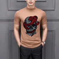 spring mens sweater simple solid color knitted t shirt short sleeved cashmere tops hip hop skull hot drilling process