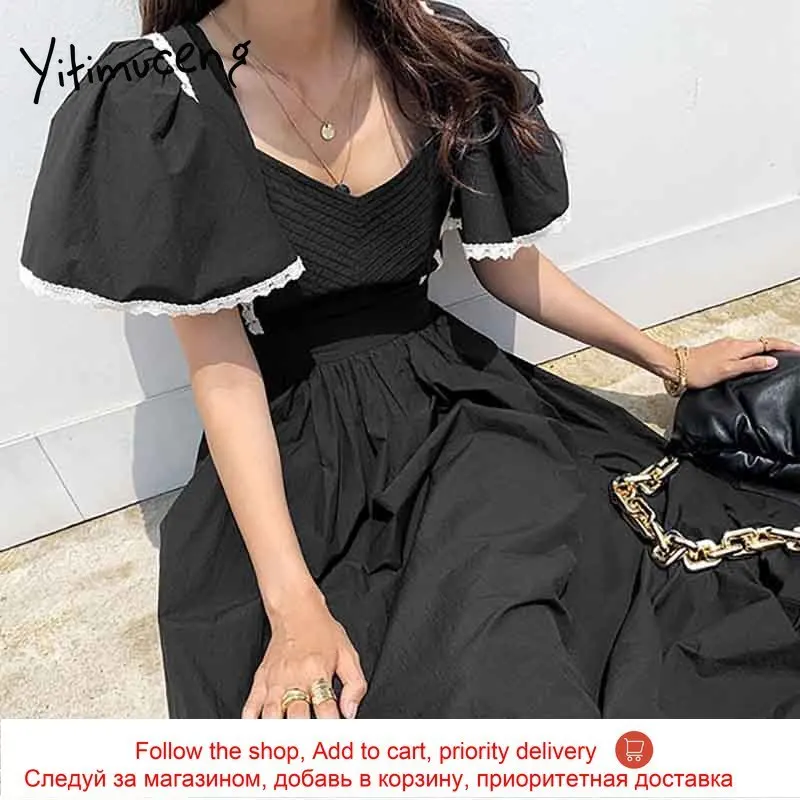 

Yitimuceng Black Dresses for Women High Waist Short Flying Sleeve Unicolor Sundress 2021 Summer Korean Fashion New Maxi Dress