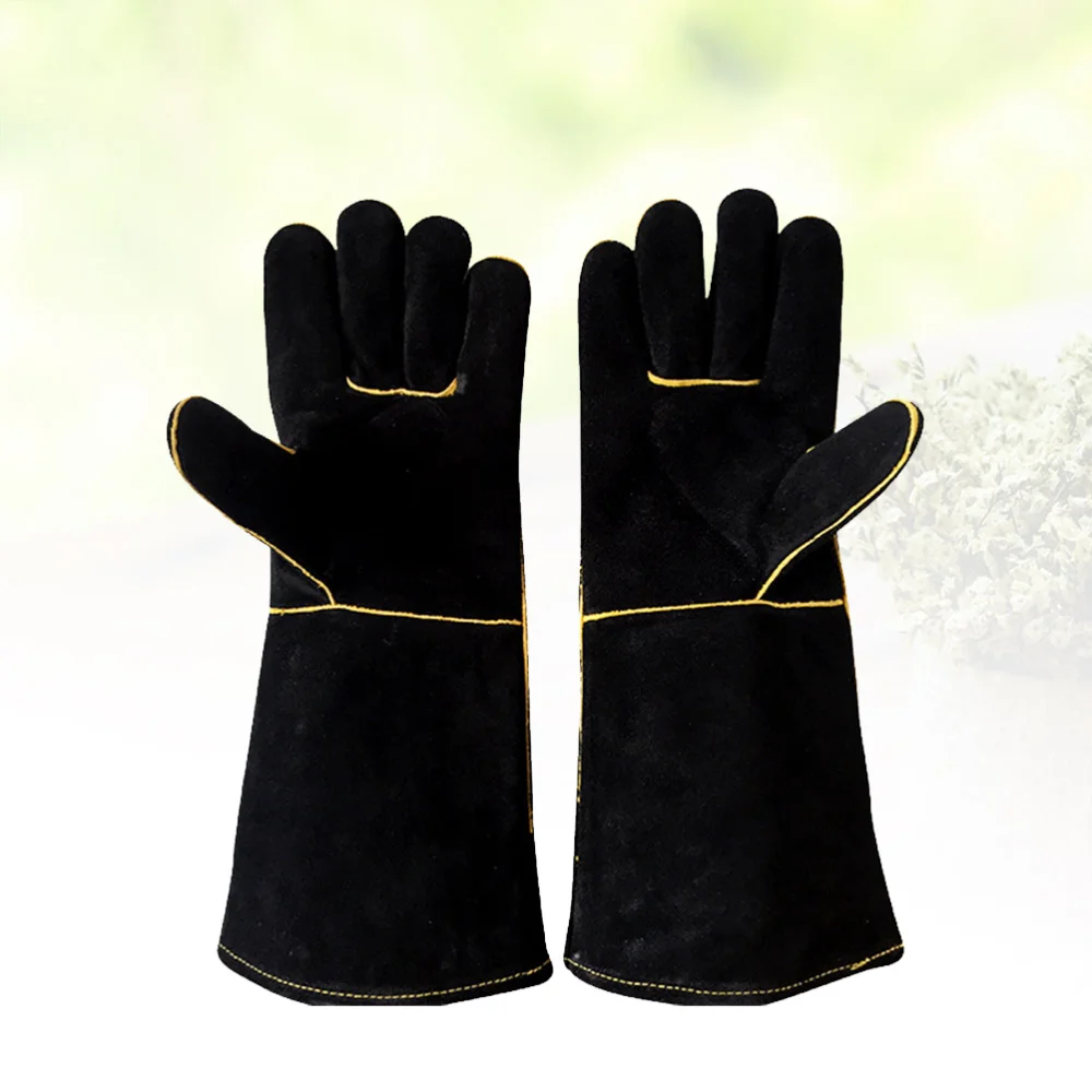 

BBQ Grill Oven Glove Heat Resistant Long Cuff Insulated and Cowhide Glove for Cooking Baking (Black)