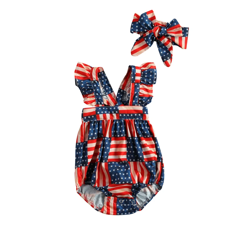 

Летнее боди для маленьких девочек, милые бандажные комбинезоны с рукавами-летучими рукавами и принтом на День независимости и повязка на го...