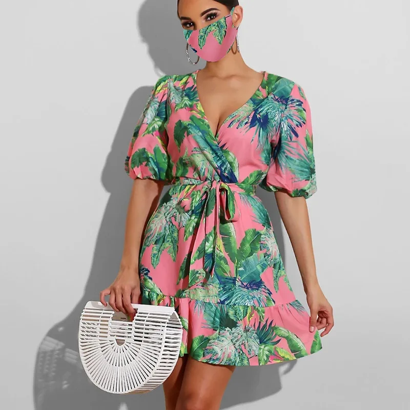 

BAMBOOBOY Summer Women's Sexy V-neck Printed Tunic Short Sleeve Casual Party Beach A Line Dress ZL1299