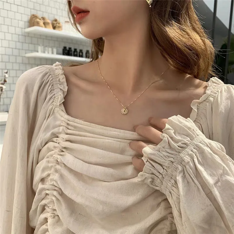 

New Fashion Round Inlay Rhinestone Rotatable Pendant Necklace Female Party Simple Summer Beach Necklace Jewelry Accessory