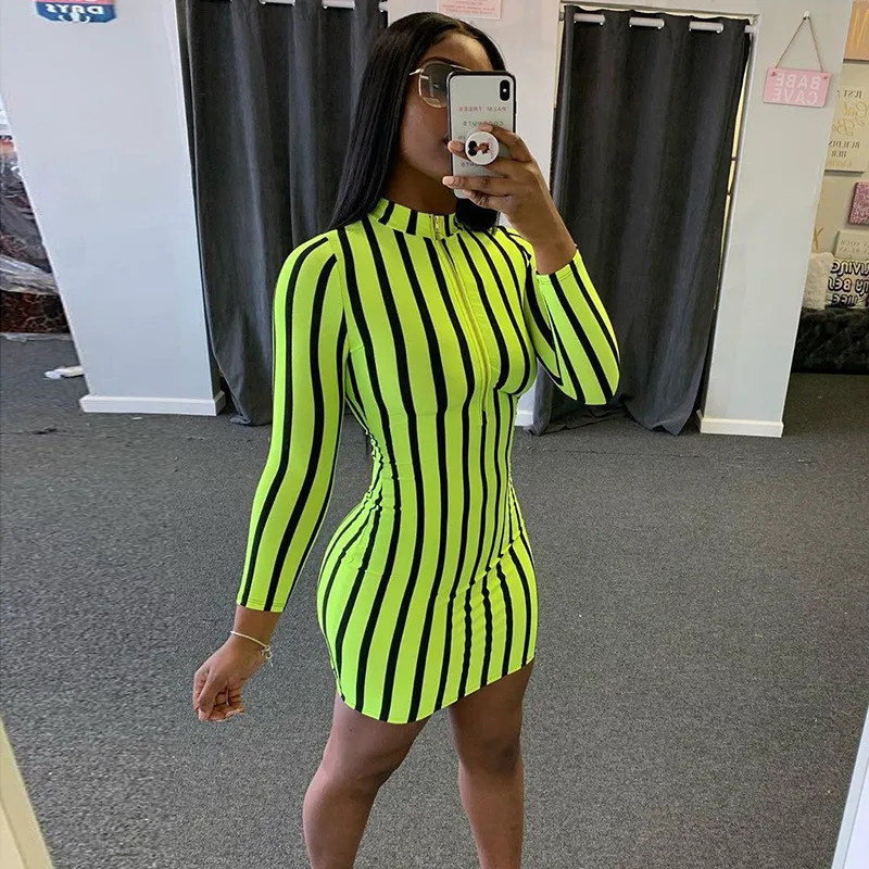 

2021 Autumn Winter Striped Dress Women Sexy Club Zipper Skinny Female Dresses Casual Long Sleeve Mini Dress Bodycon Vestido Robe