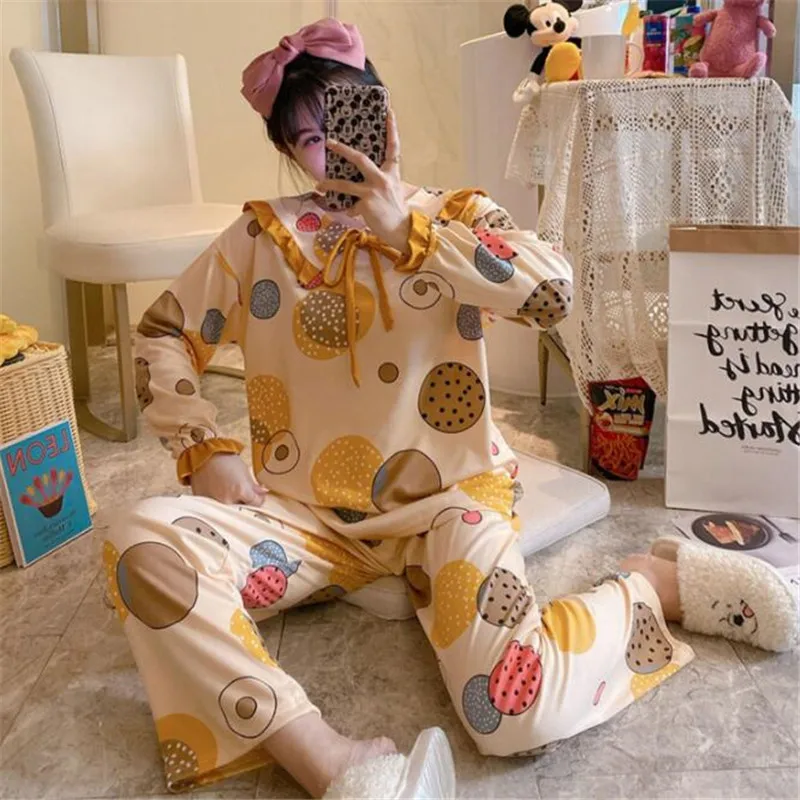 

Fashion Women Loose Casual Doll Collar Long Sleeve Trousers Printed Pajamas 2/pce Set