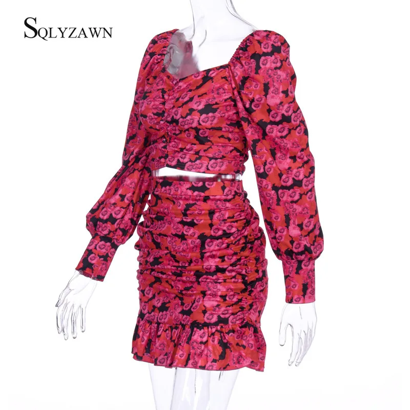 Женский корейский цветочный принт розовый комплект из двух предметов с юбкой