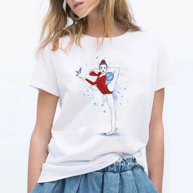 

Female Fashion Tshirt Summer Watercolor Ballet Dancer Printed Girl White T shirt Kawaii Gymnastics Dance Lover Gift Tee Shirt