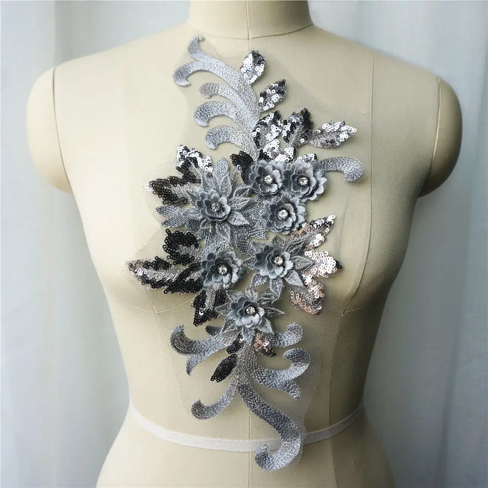Серая Серебристая кружевная ткань блестки 3D цветы стразы кисточки свадебное