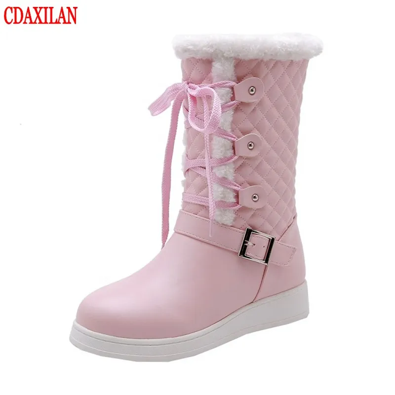 

CDAXILAN new to snow boots women winter soft PU leather lace-up platform Mid-calf boots ladies warm legs boots