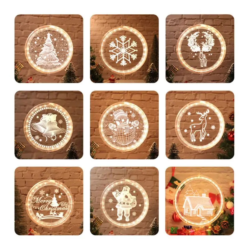 

LED Christmas Hanging Painting Lights Snowflake Christmas Tree Santa Claus Ornaments 3D Round Hanging Light Warm White Home Gift