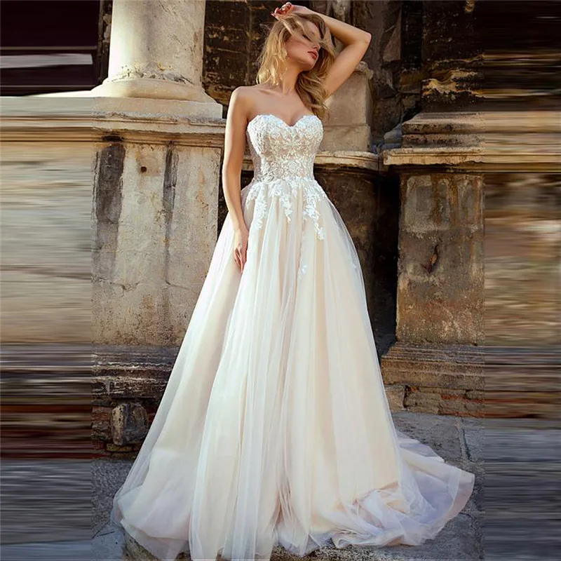 

Robe De Mariee 2021 Sexy Sweetheart A-Line Wedding Dress Lace Appliques Tulle Skirt Garden Bride Wedding Wear Party Gowns