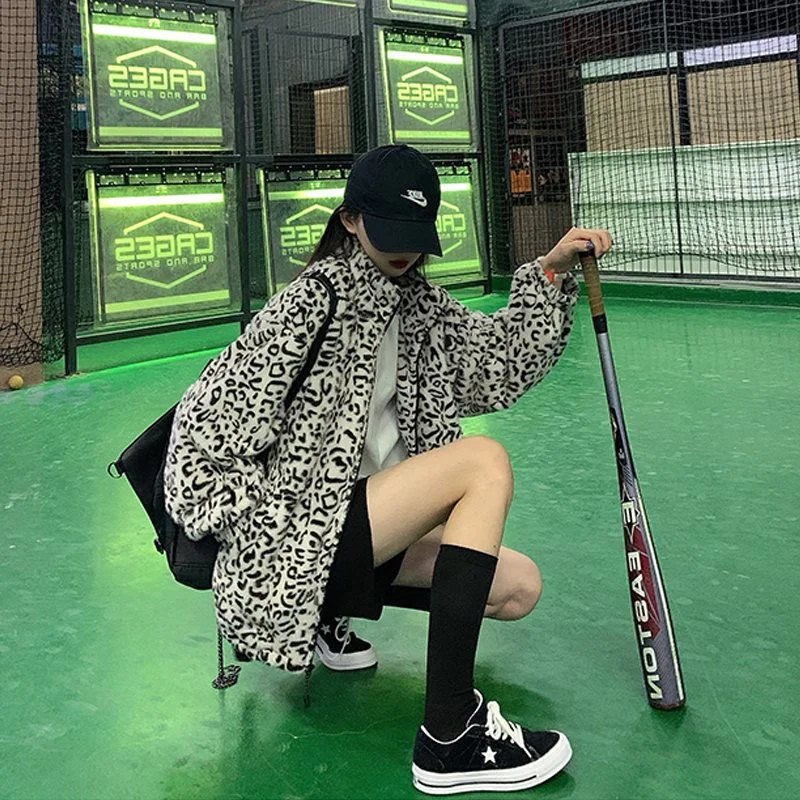 

Leopard Fur Mink Jackets Women Zippers Turn-down Collar Outerwear Vintage Harajuku Students Coats Loose Thicken Warm