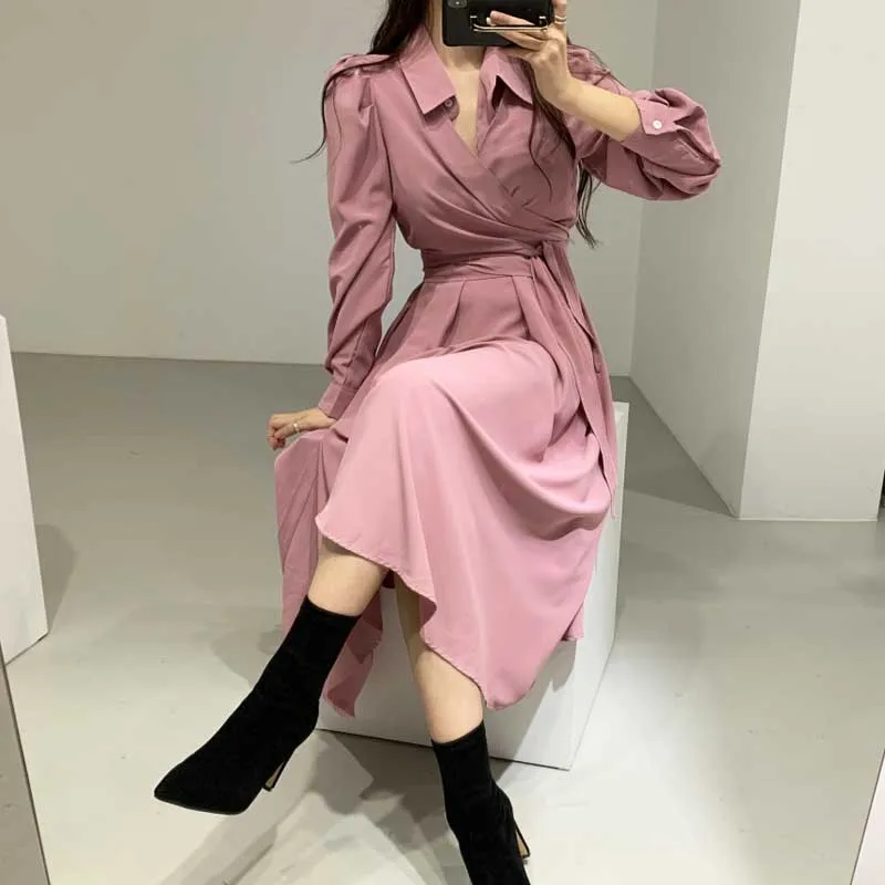 

Elegant Korean Woman Shirt Dress Party Office One-Piece Slim Long Sleeves Dresses 2021 New Fashion Spring Autumn Women'S Dress