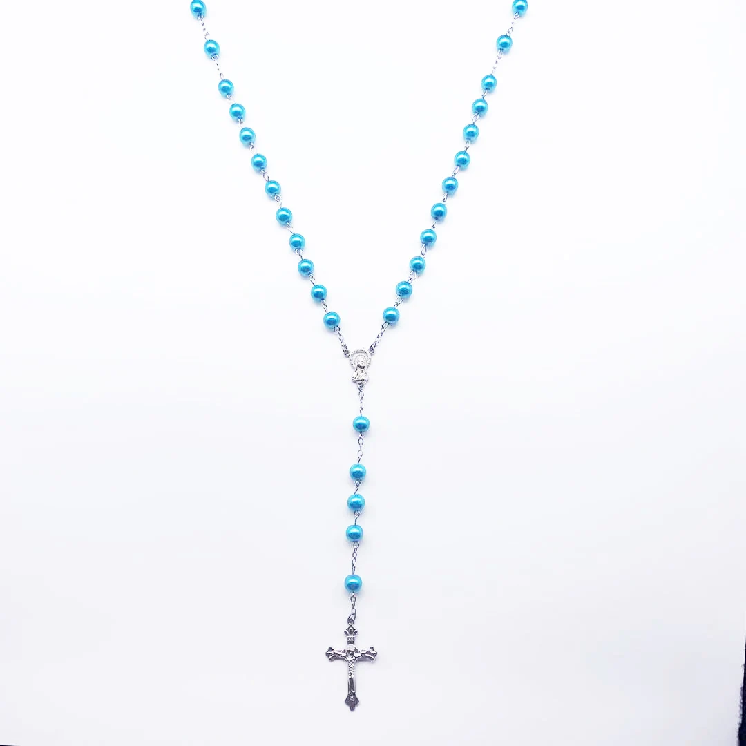 Модное ожерелье с крестом из голубого жемчуга 7 мм верное Молитвенное Девы Марии