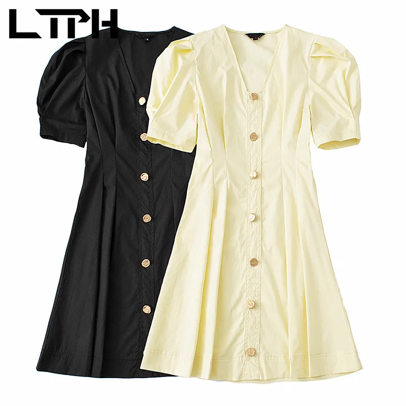 

LTPH women dress Solid color elegant V-neck high waist Puff sleeves vintage single-breasted A-line dresses 2021 summer new