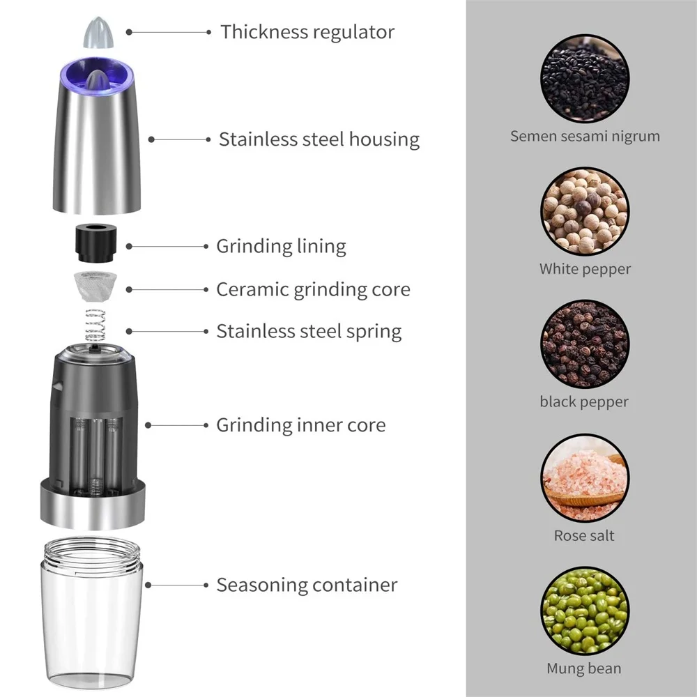 Electric Pepper Mill Stainless Steel Automatic Gravity Induction Salt and Grinder LED Light Kitchen Spice Tools | Дом и сад