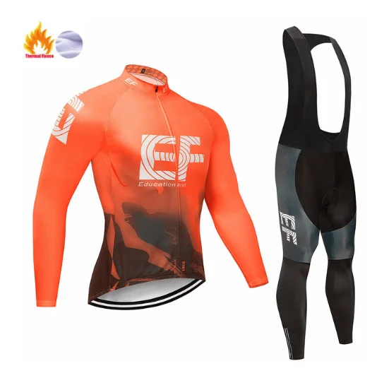 

New 2020 EF Men's Winter Thermal Fleece Long sleeve Cycling Jersey set Outdoor MTB Bike Clothing Pink Sportswear 19D Gel pad