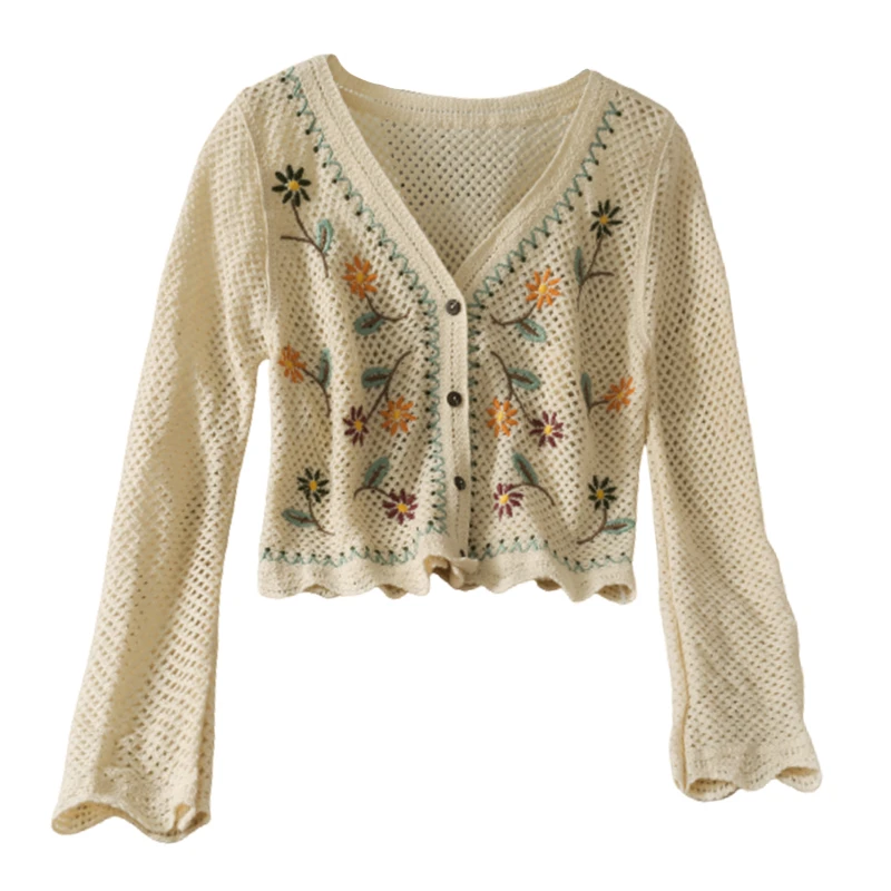 

Summer Long Sleeve Cardigan Women Embroidered V-Neck Air Conditioning Shirt Female Thin Sunscreen Knitted Jacket Ladies Y706