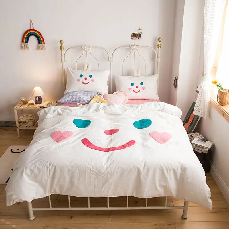 Новый Белый мыть хлопок Детский Комплект постельного белья любовь смайлик