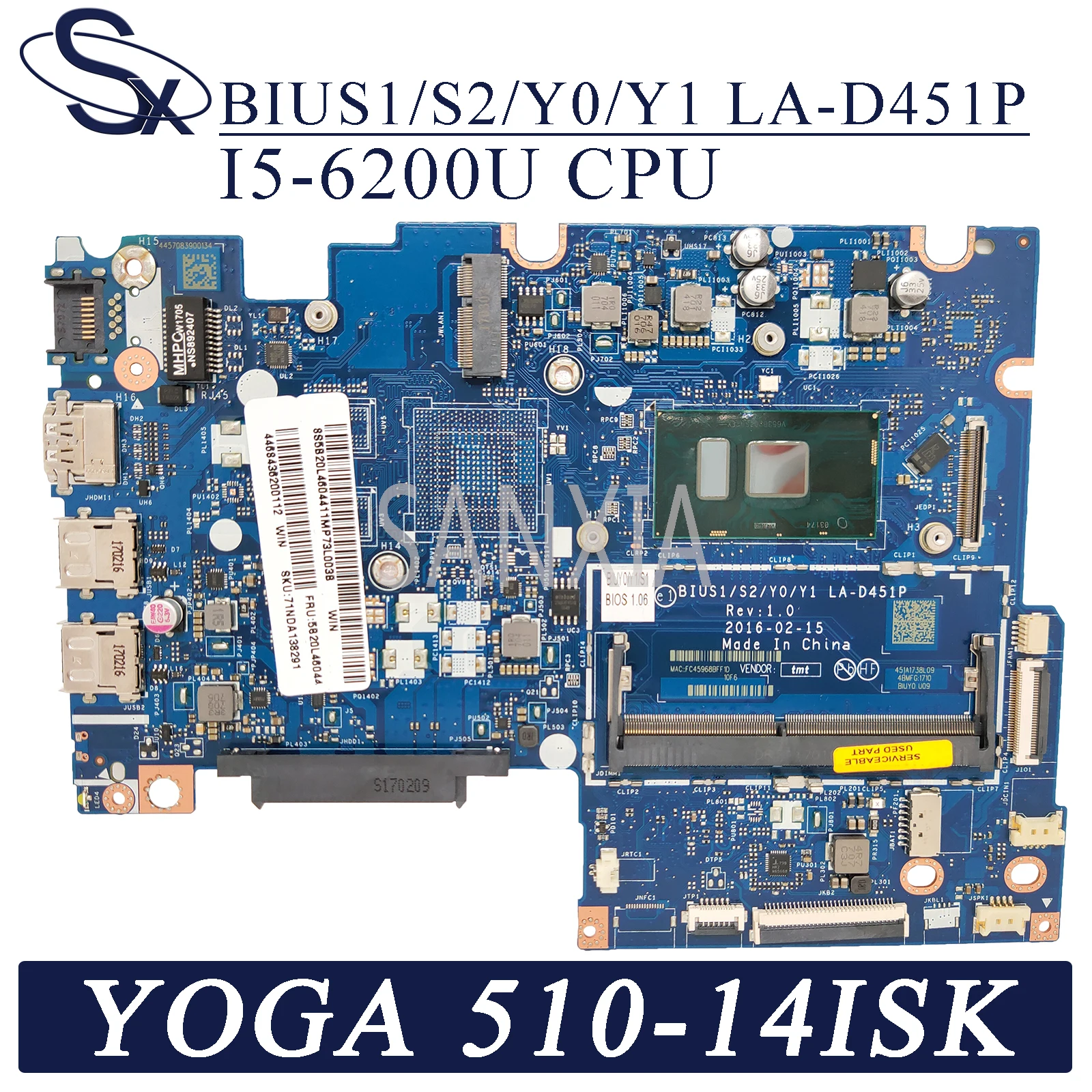 KEFU LA D451P материнская плата для ноутбука Lenovo YOGA 510 14ISK Flex4 1470 оригинальная I5 6200U
