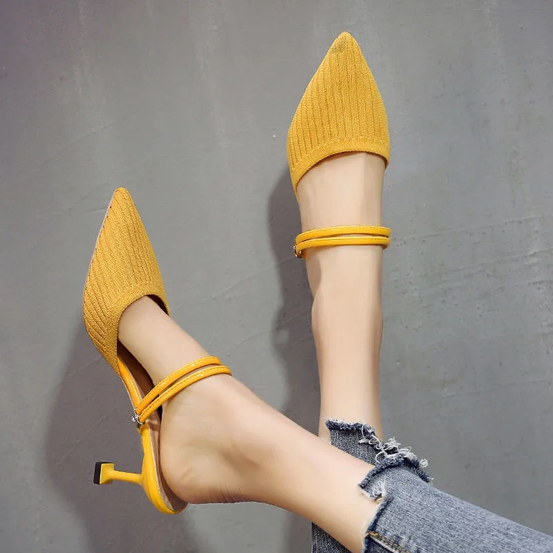 Мюли женские летние без задника туфли лодочки заостренный носок низкий каблук