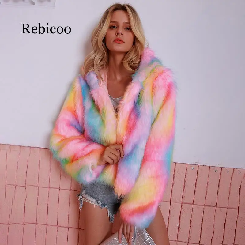 Зимнее пальто Радужное с искусственным мехом женская меховая куртка ворсистый