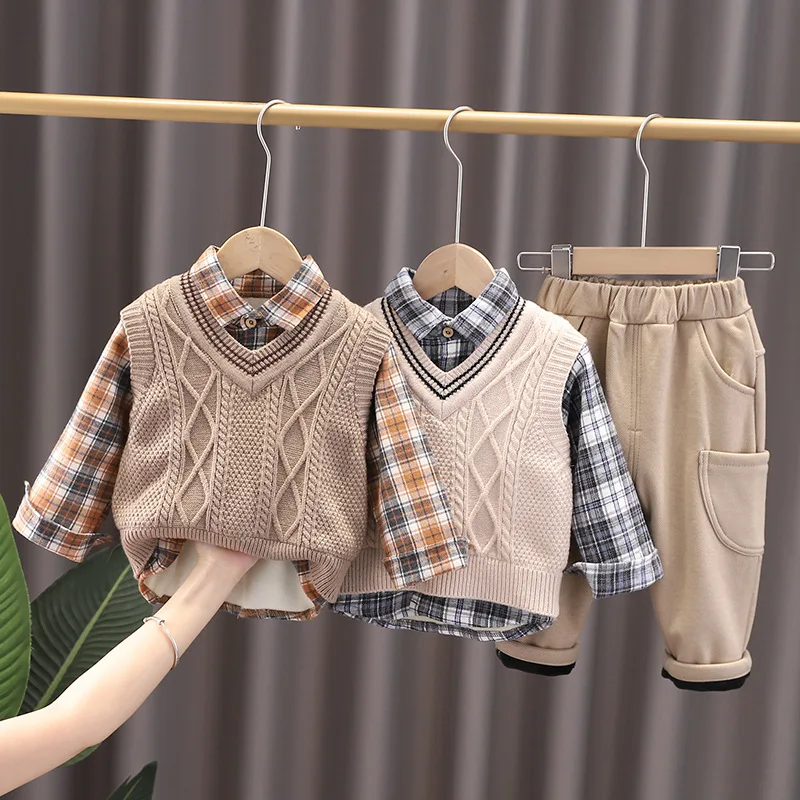 Traje de camisa de invierno para ni&ntilde;os, vestido para beb&eacute;s, versi&oacute;n coreana de finales de oto&ntilde;o, su&eacute;ter de cachemira, tendencia de tres piezas-3
