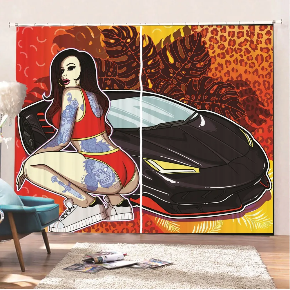 Гоночный автомобиль женщина окна шторы 2 панели экстремальный спорт обработка 3D