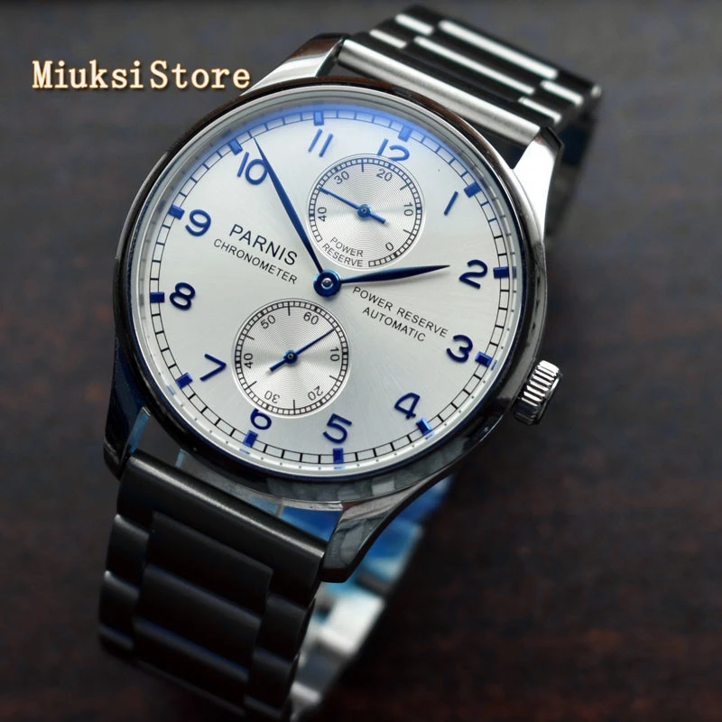 Parnis 43 мм Мужские топовые механические часы с синим циферблатом и стальным
