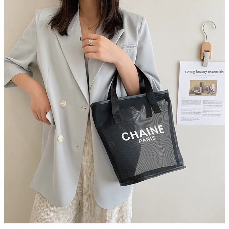 

High Capacity Women Mesh Transparent Bag Tote Bag Shopper for Women Large Bucket bag Picnic Beach Bags Clutch purse Makeup Pouch