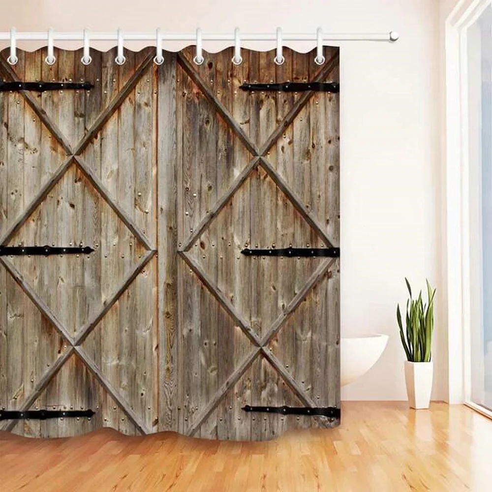 retro rustic wooden door shower curtains vintage farm barn swinging saloon doors polyester cloth decor chic bathroom curtain set free global shipping