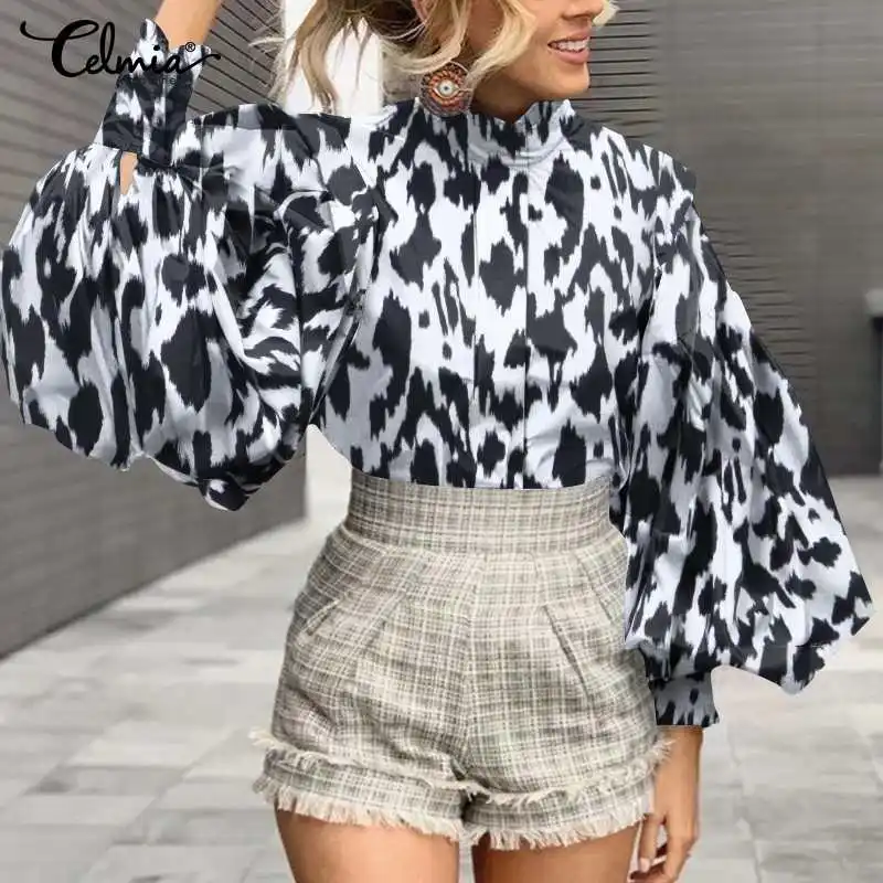 

Elegant OL Blouses Celmia Women's Big Lantern Sleeve Sexy Leopard Print Shirts 2022 Fashion Stand Collar Casual Tunic Tops Femme