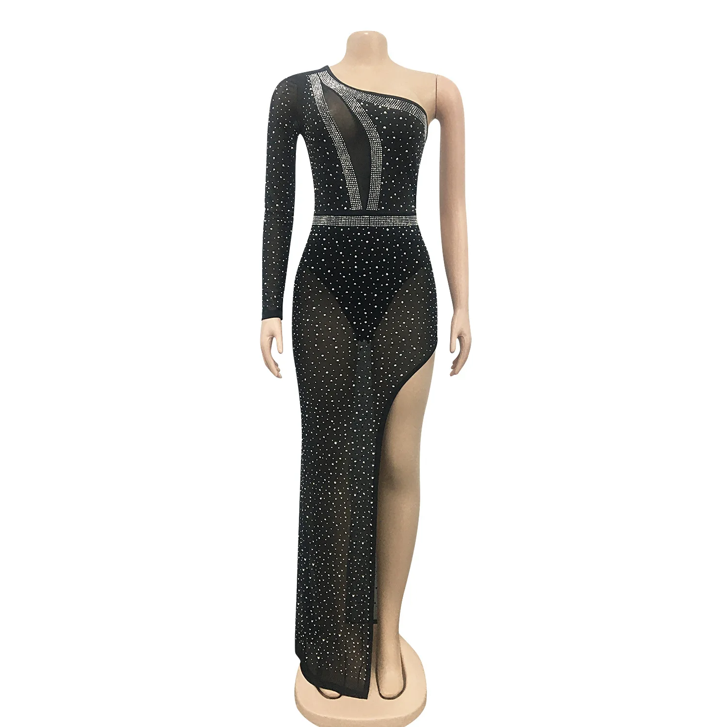 

FNOCE 2021 new spring women's dresses sexy elegant banquet diamonds upscale see-though mesh eye catching slim night dress