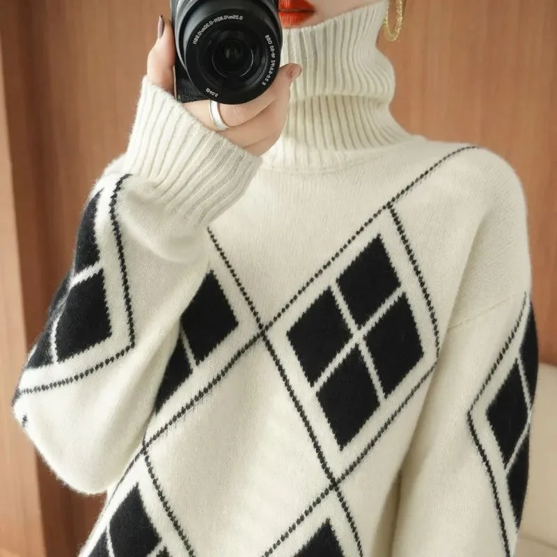2021 New Fashion Oversize Women  Turtelneck Knitted Sweaters  Christmas Knitted Top  Woman