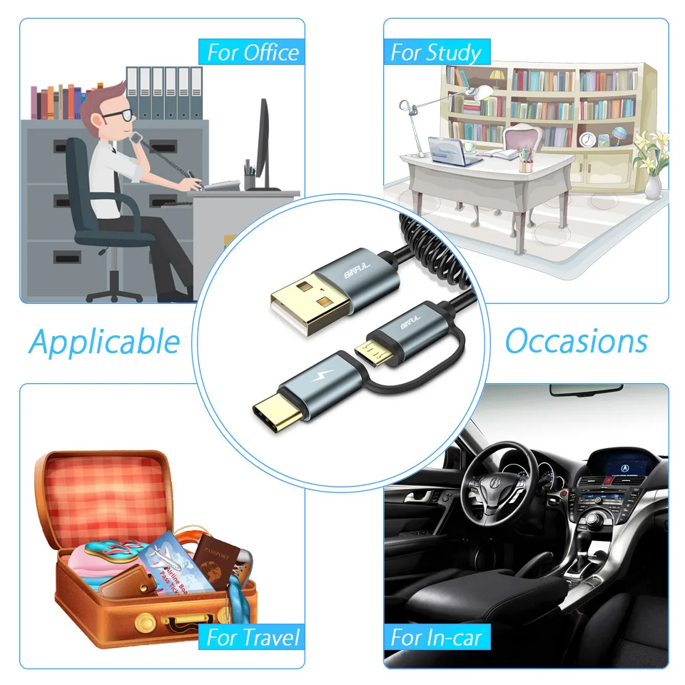 USB кабель для передачи данных 2 в 1 портативный с пружиной Micro Тип C быстрая зарядка