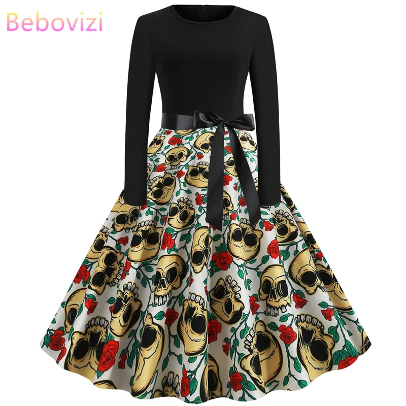 Nieuwe 2019 Herfst Vrouwen Хэллоуин Jurken плюс размер Lange Mouwen череп печати вечерние Vestidos
