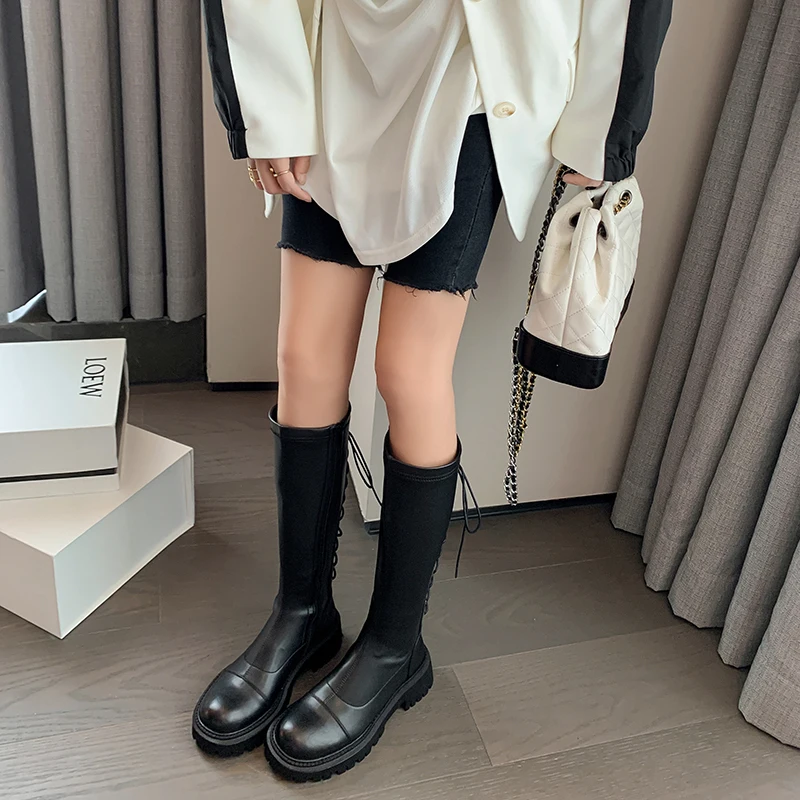 

GD-time современные женские ботинки до середины икры с эластичной лентой, 3 см, водонепроницаемые ботинки на толстой подошве со шнуровкой сзади