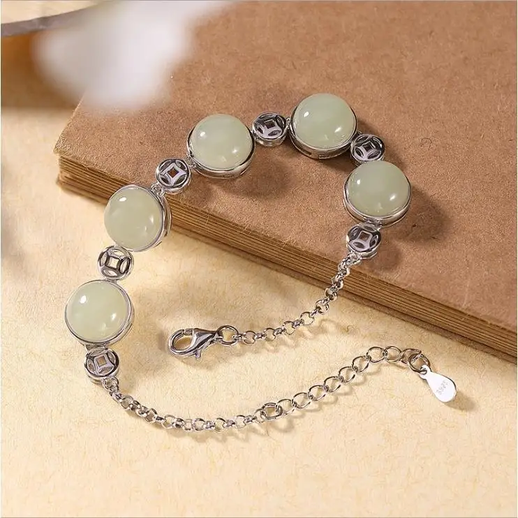 

Hetian Jade Bracelet S925 Sterling Silver round White Jade Coin Bracelet Han Clothing Retro Style Accessories Fashion Bracelet W