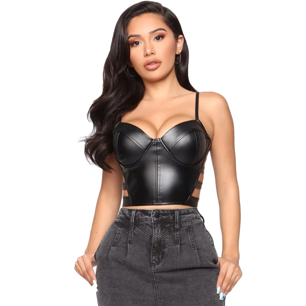 

Steampunk Sexy Crop Top Women Low Cut Black Pu Leather Slim Fit Camisole 2021 Fashion Hollow Out Night Club Corset