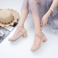 shoes lolita suede comfortable high heeled student cross strap mid heel shoes spring and autumn small fresh ladies shoes