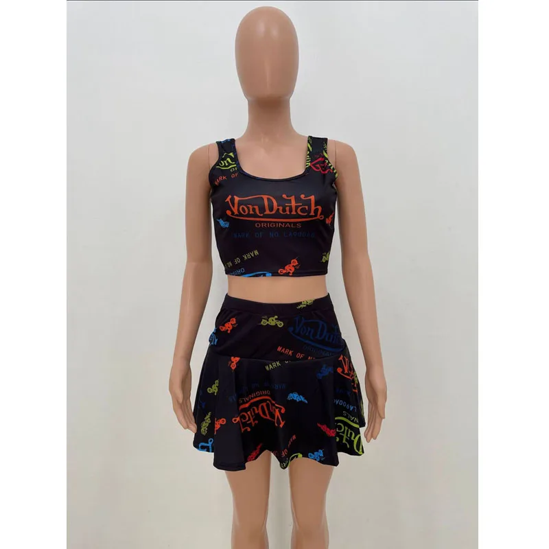 

Women Clothing Fashion Sexy Summer Letter Print Slim-fit Sports Tank Top Skirt-pants Sportswear Tracksuit Streetwear wholesale