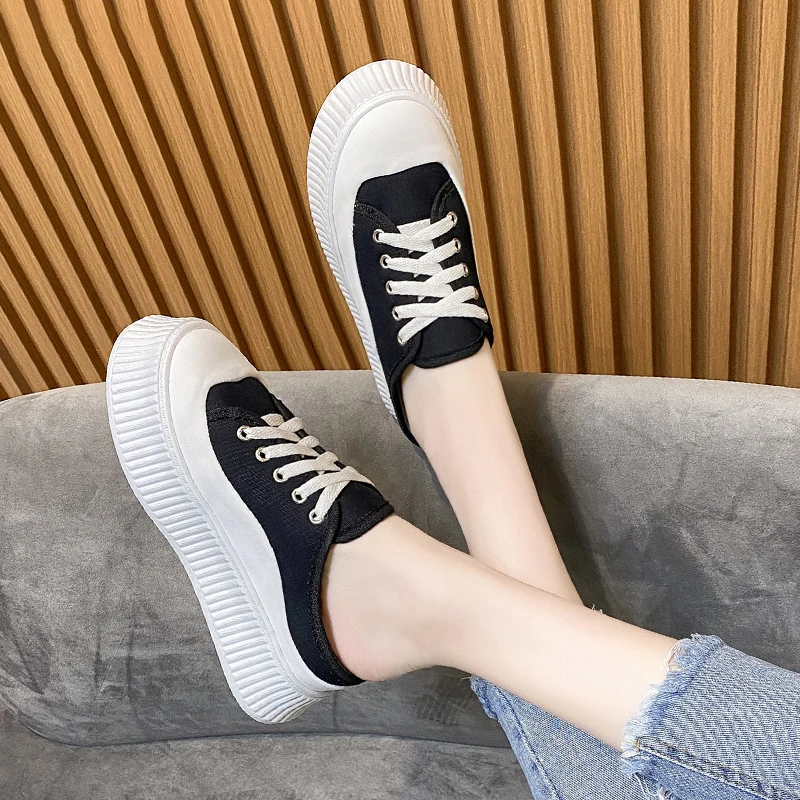 

2021 Summer New Women's Slippers Outdoor Breathable Canvas Wedges Shoes for Woman Fashion Comfortable Platform Lace Half Drag