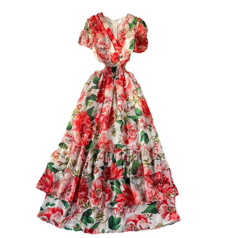 

Women Big Flower Printed Dress Fashion Summer New V-neck High Waist Beach Seaside Holiday Dresses