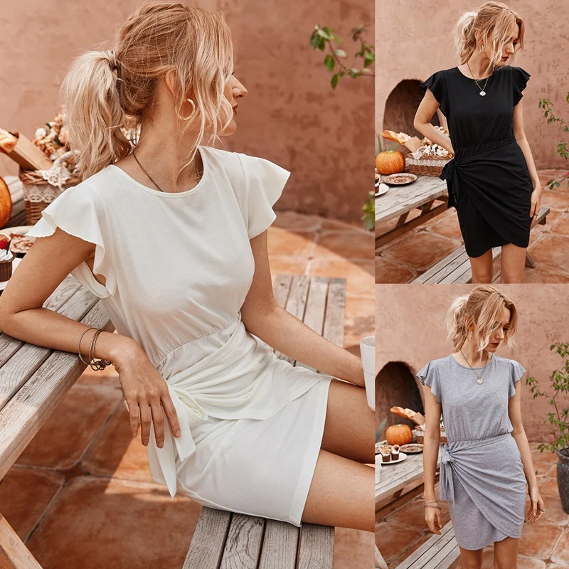 

Популярное женское Повседневное платье kf, платье мини с круглым вырезом, рукавом в виде листьев лотоса и узлом на талии