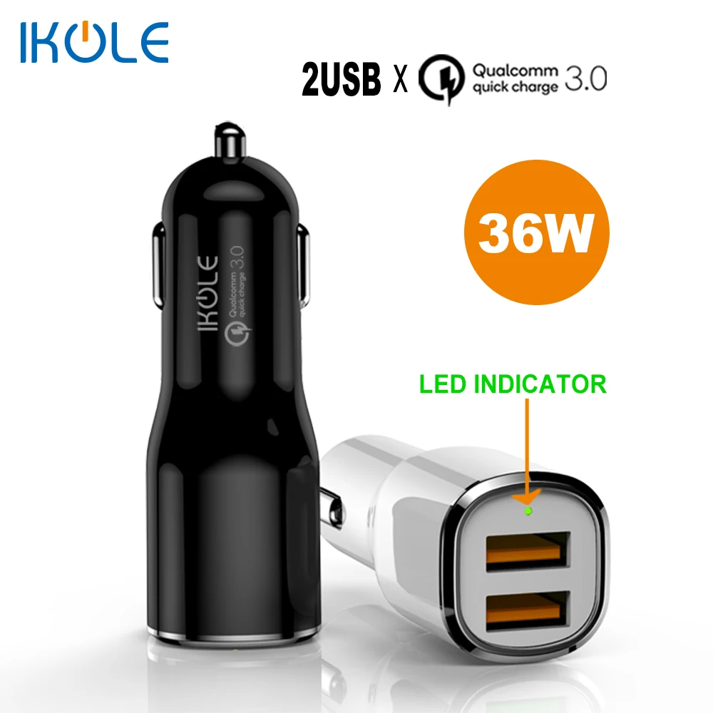 IKOLE 36 Вт 2USB QC3.0 быстрая зарядка автомобильное зарядное устройство со светодиодным