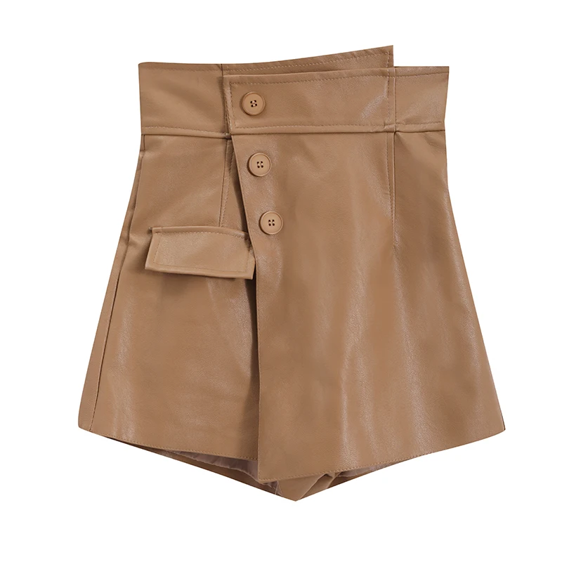 

Pu Leather Asymmetrical Solid Women Shorts High Waist Button Wide Leg Sexy All Match Thicken Winter Boot Clothing Top Quality