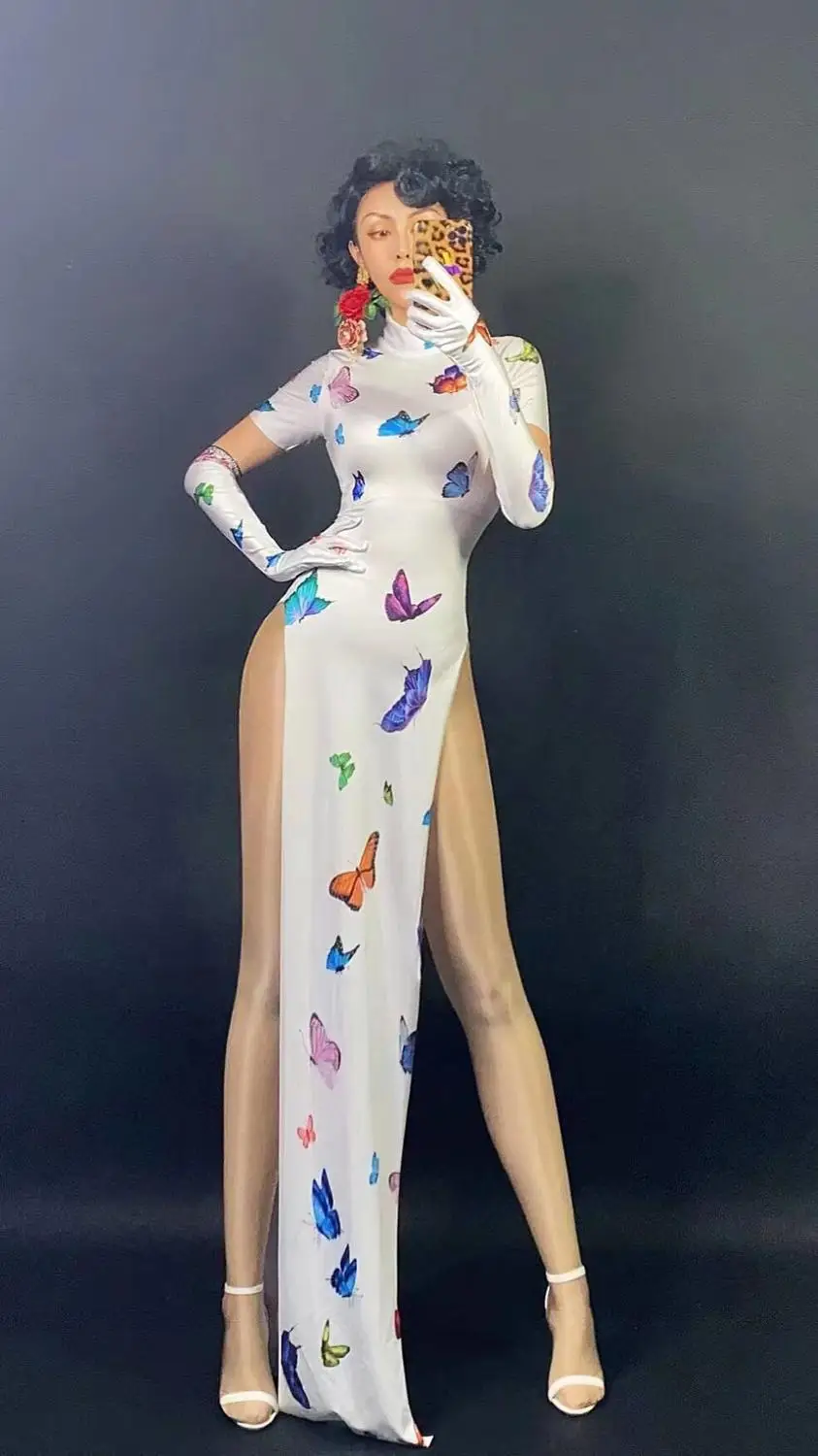 

Новинка, белое, черное, с принтом бабочки, сексуальное, открытое, народное, длинное платье для ночного клуба, вечерние, певица, одежда для сце...